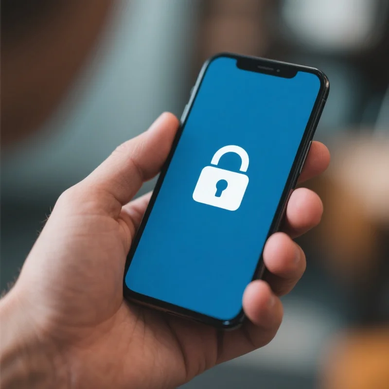 一只手持智能手机，屏幕上显示加密安全图标，背景模糊，突出移动端安全性