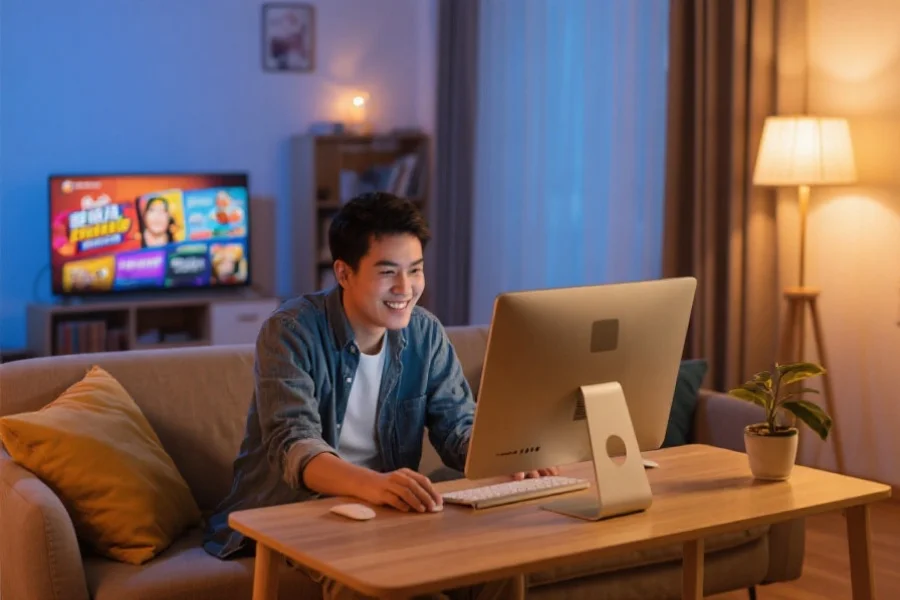 一位用户在家中通过电脑安心体验线上娱乐,周围环境温馨安全